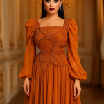 Elegant Off-Shoulder Pleated Gown Burnt Orange