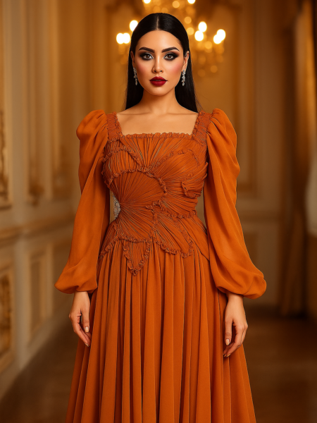 Elegant Off-Shoulder Pleated Gown Burnt Orange