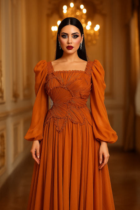 Elegant Off-Shoulder Pleated Gown Burnt Orange