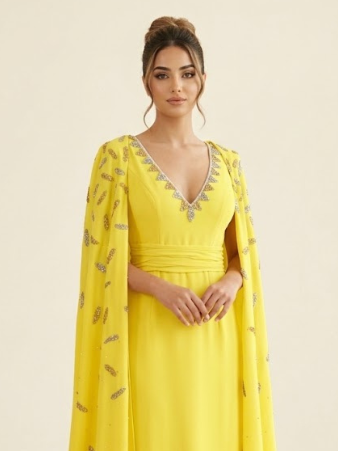 Canary Yellow Cape Sleeve Evening Dress