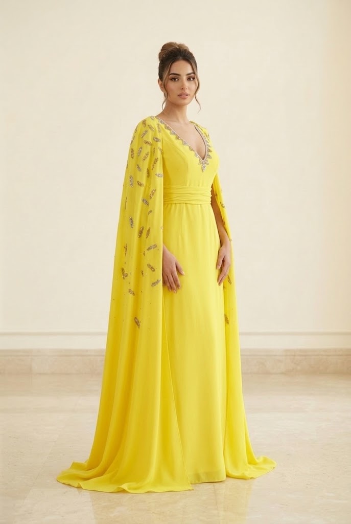 Canary Yellow Cape Sleeve Evening Dress - Image 2