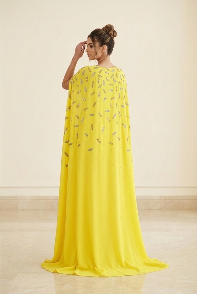 Canary Yellow Cape Sleeve Evening Dress - Image 3