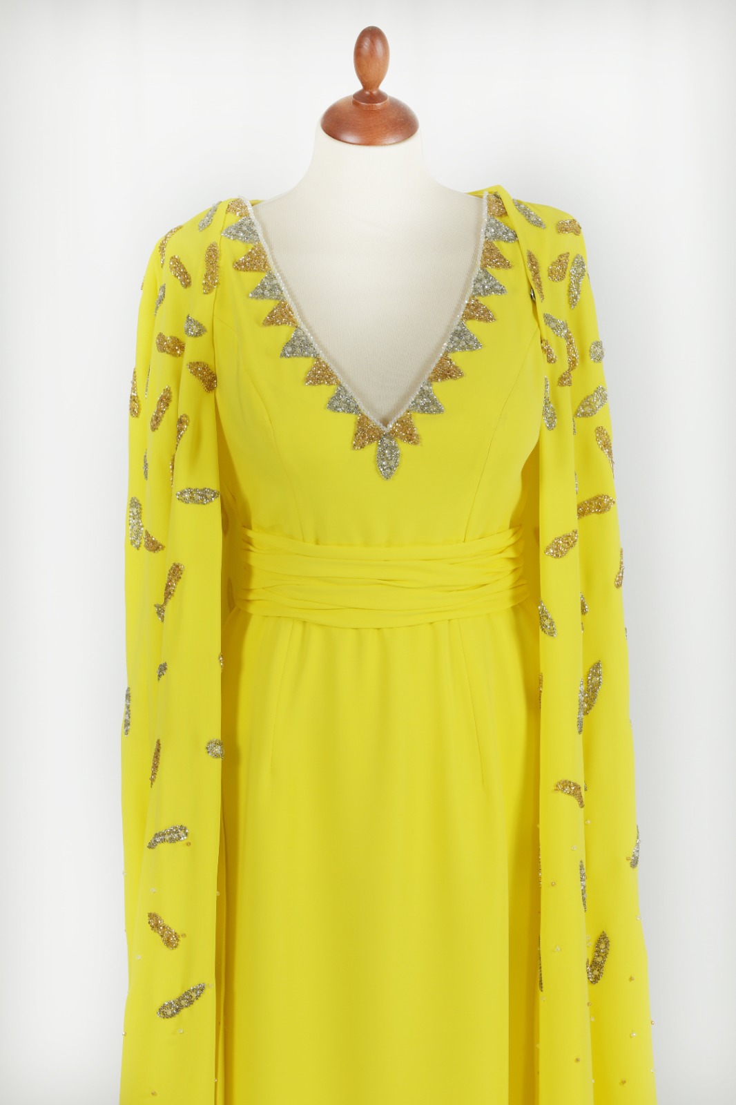 Canary Yellow Cape Sleeve Evening Dress - Image 6