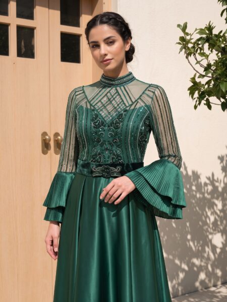 Emerald Green Embellished Satin Party Dress