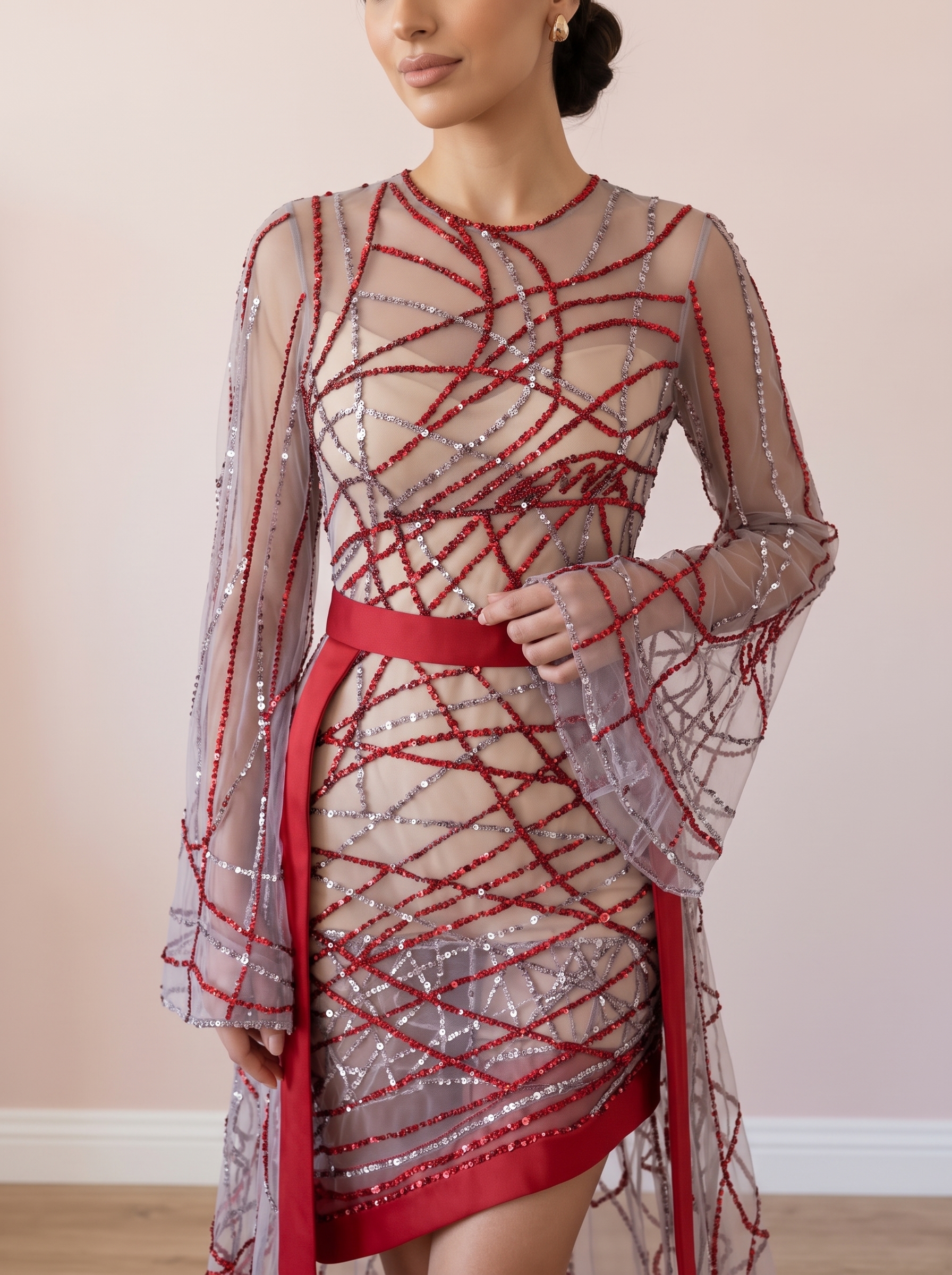 Crimson Glamour Embellished Party Dress - Image 5