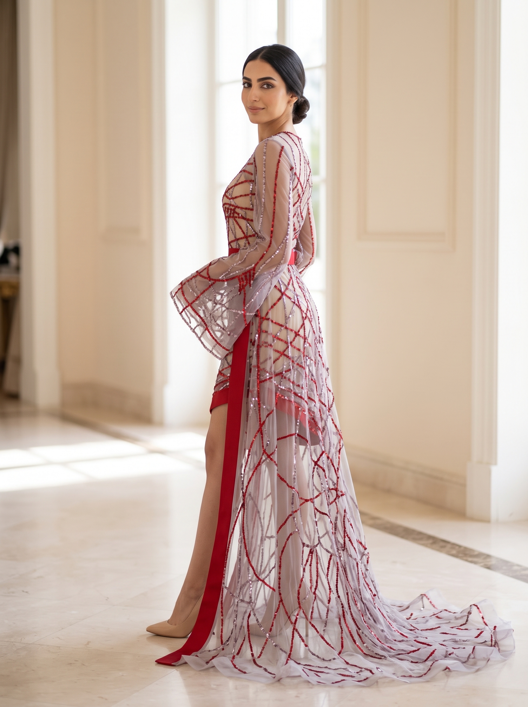 Crimson Glamour Embellished Party Dress - Image 3