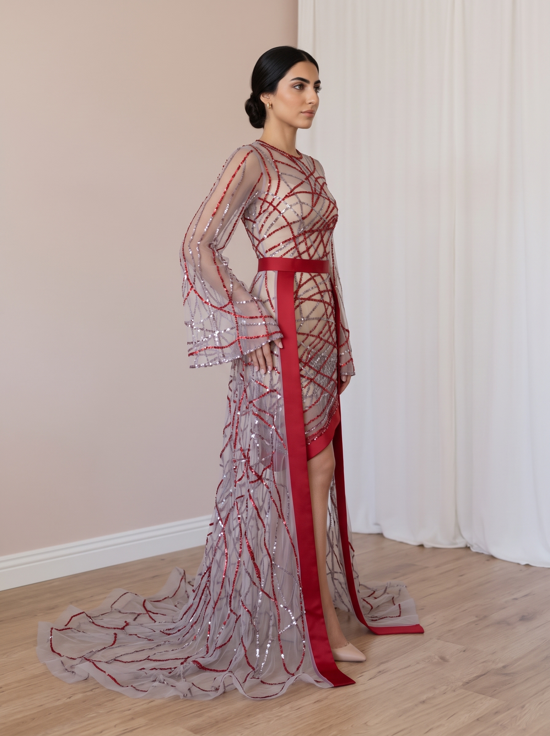Crimson Glamour Embellished Party Dress - Image 2
