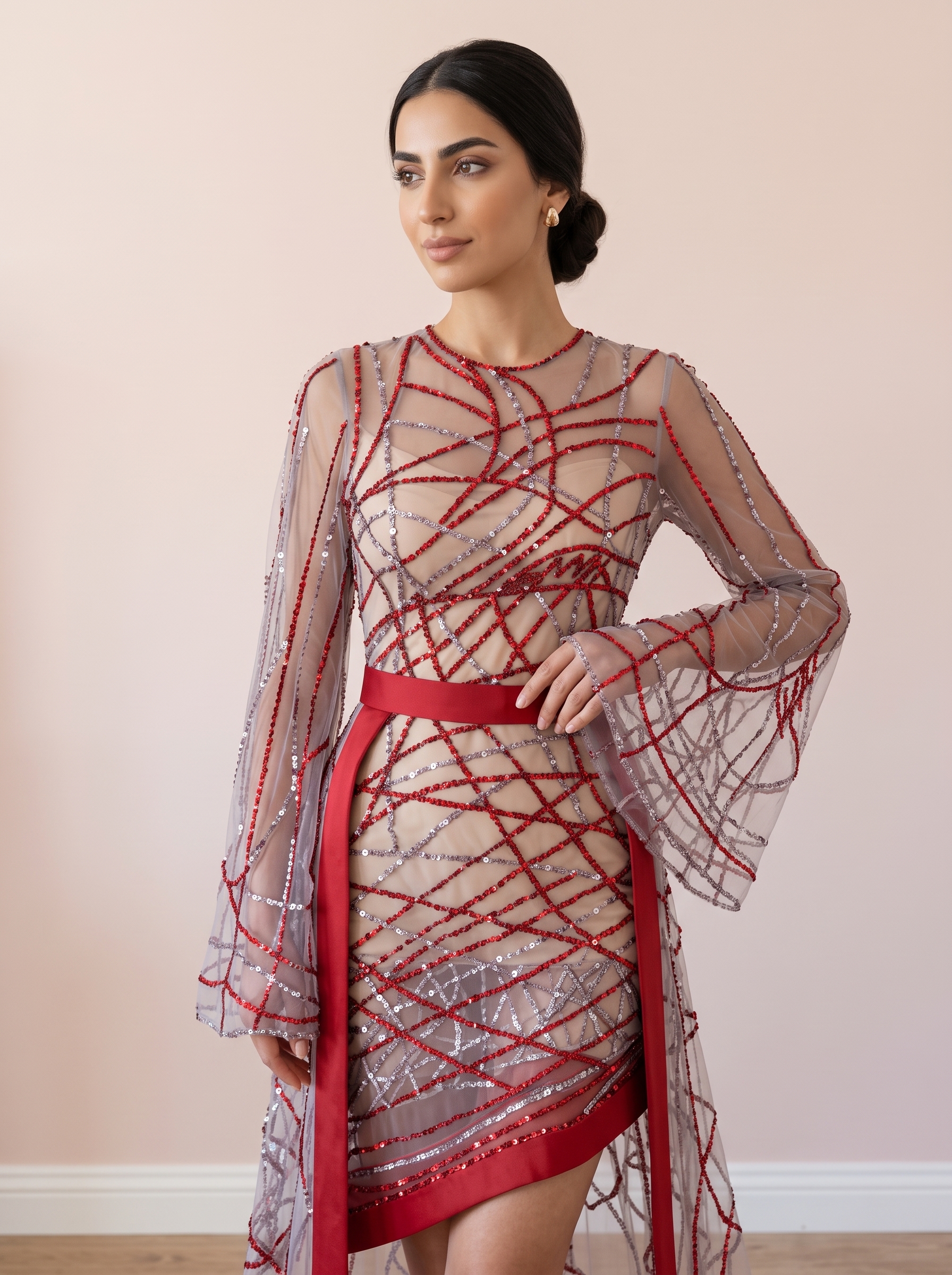 Crimson Glamour Embellished Party Dress - Image 4