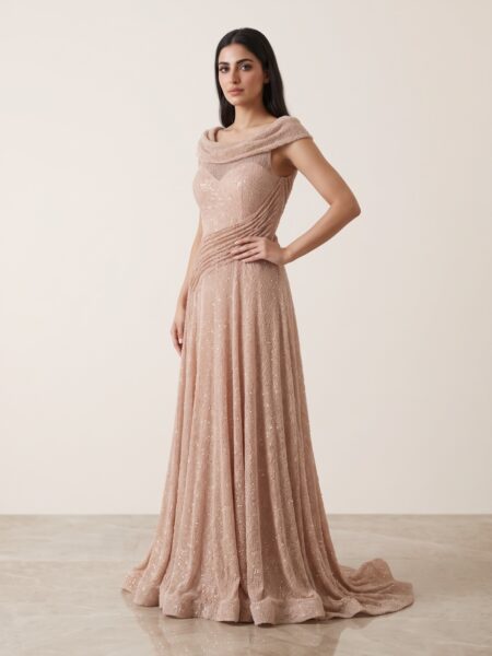 Champagne Elegance Off-Shoulder Gown