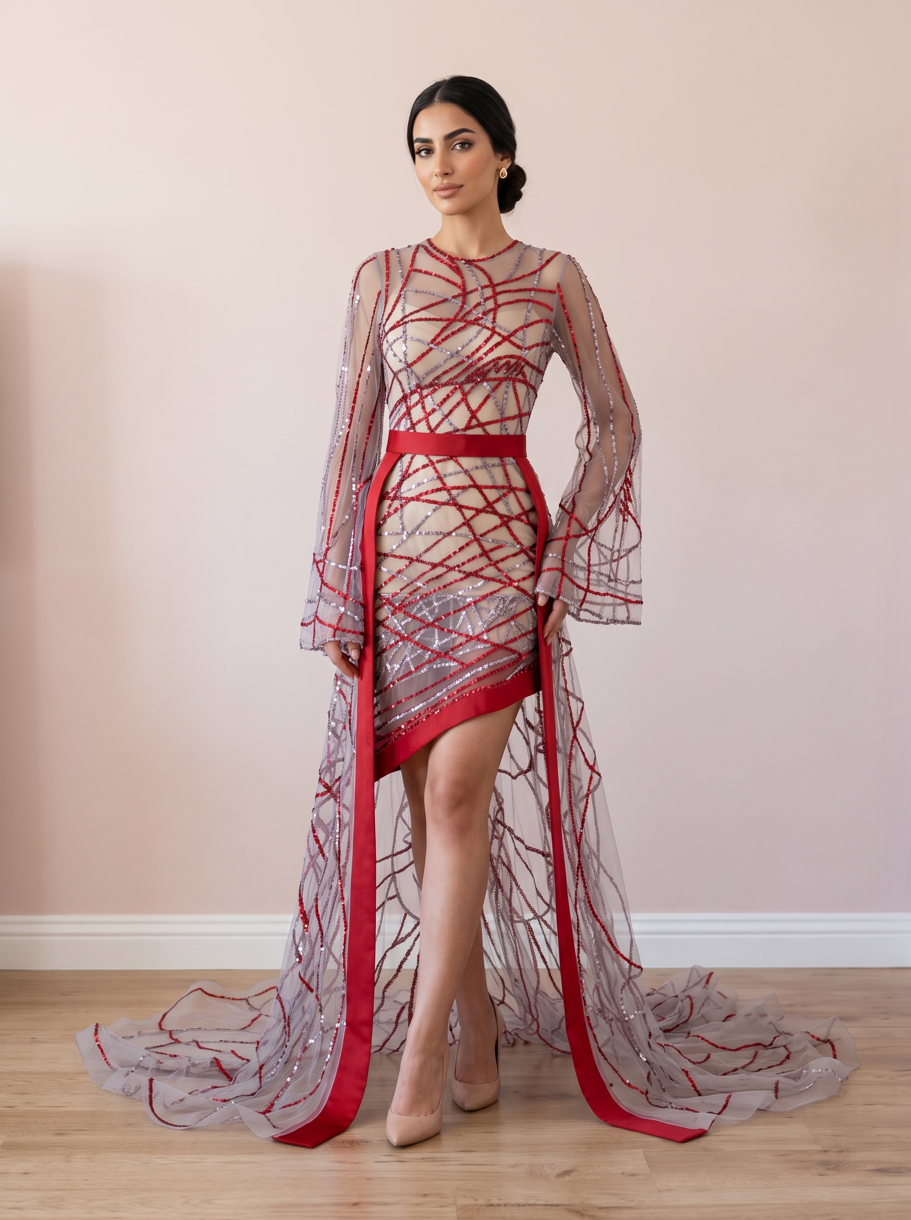 Crimson Glamour Embellished Party Dress